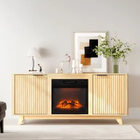 Oak Finish Fireplace TV Stand with 18 Inch Insert & Double Grid Doors, Embossed Particle Board Media Console 58 x 13.6 x 25.4 Inch (Option: defaulttitle)