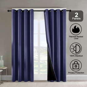 Polyester Grommets Thermal Insulated With Coated Lining 52 In. W X 84 In. L Indoor Blackout Curtains 3 Colors Available,Set Of 2 (Option: Dark blue)