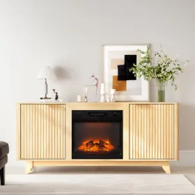 Oak Fireplace TV Stand with 18 Inch Insert, Double Grid Doors & Gold Handles, Embossed Board Media Console 58 x 13.6 x 25.4 Inch (Option: defaulttitle)