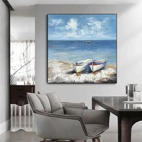 Hand Painted Oil Paintings Abstract Seascape Painting Boats On The Beach Living Room Hallway Luxurious Decorative Painting (style: 01, size: 150x150cm)